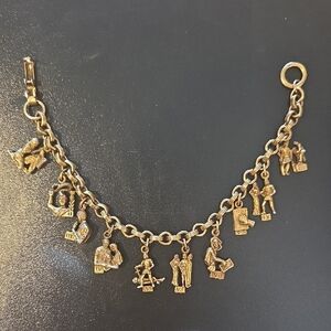 Gold Tone Vintage Charm Bracelet with 10 Commandments Figurine Charms
